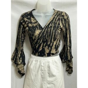 E&E Black Tan Tie Dye Wrap Crop Top Ruffle Bell Sleeve Festival Boho Grunge Sm
